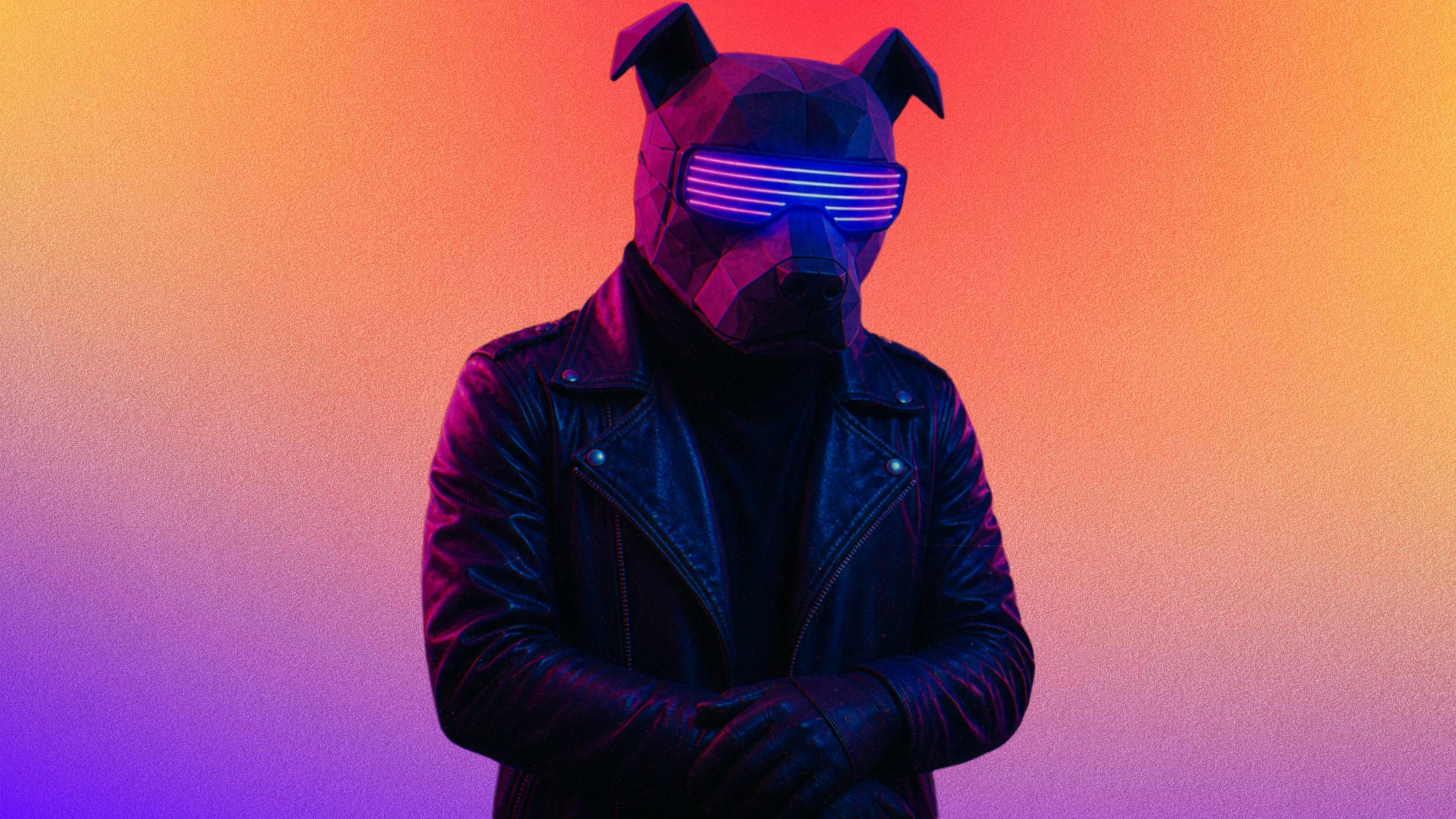 Image featuring an avatar of a person wearing a dog head gear and a leather jacket.