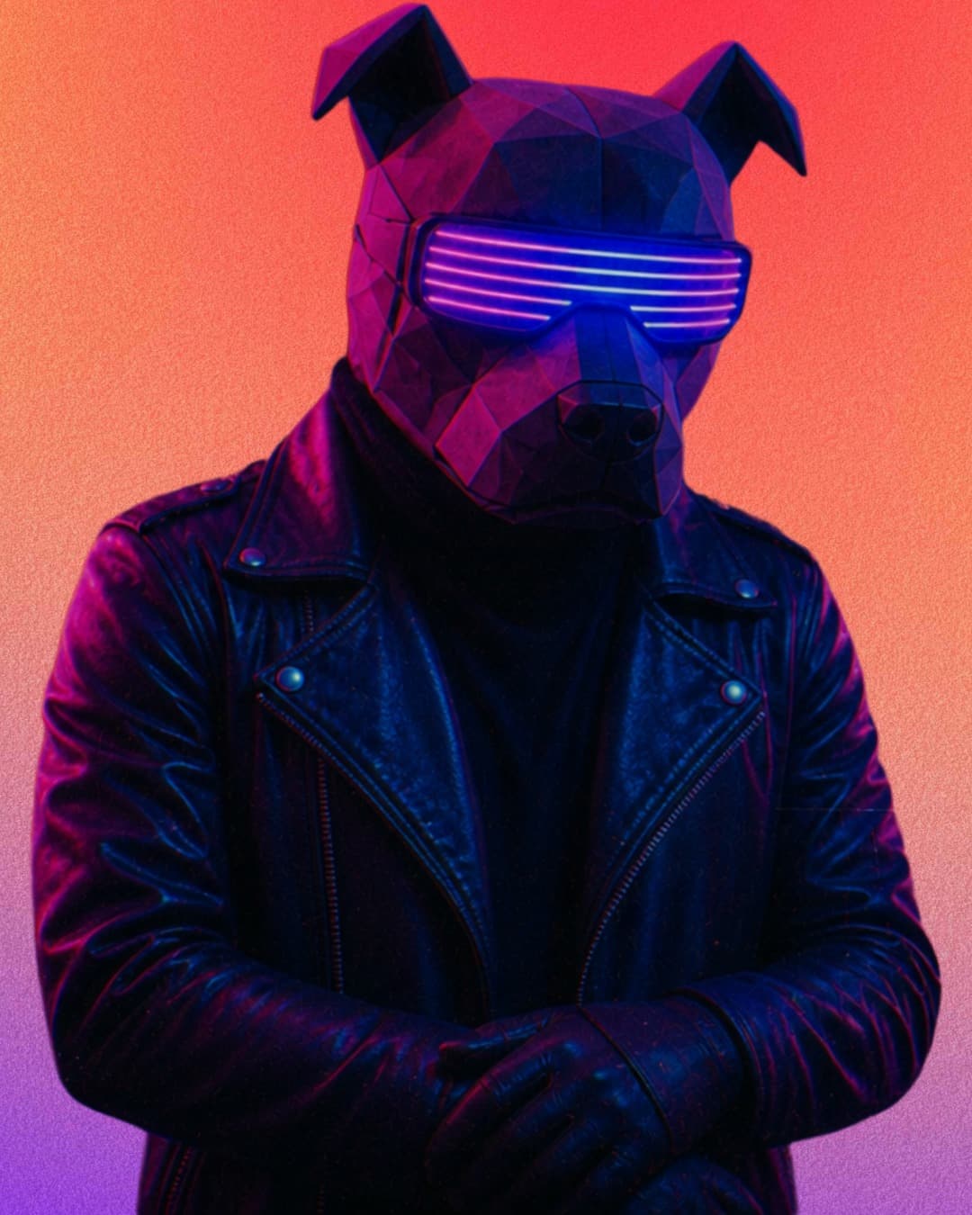 Image featuring an avatar of a person wearing a dog head gear and a leather jacket.