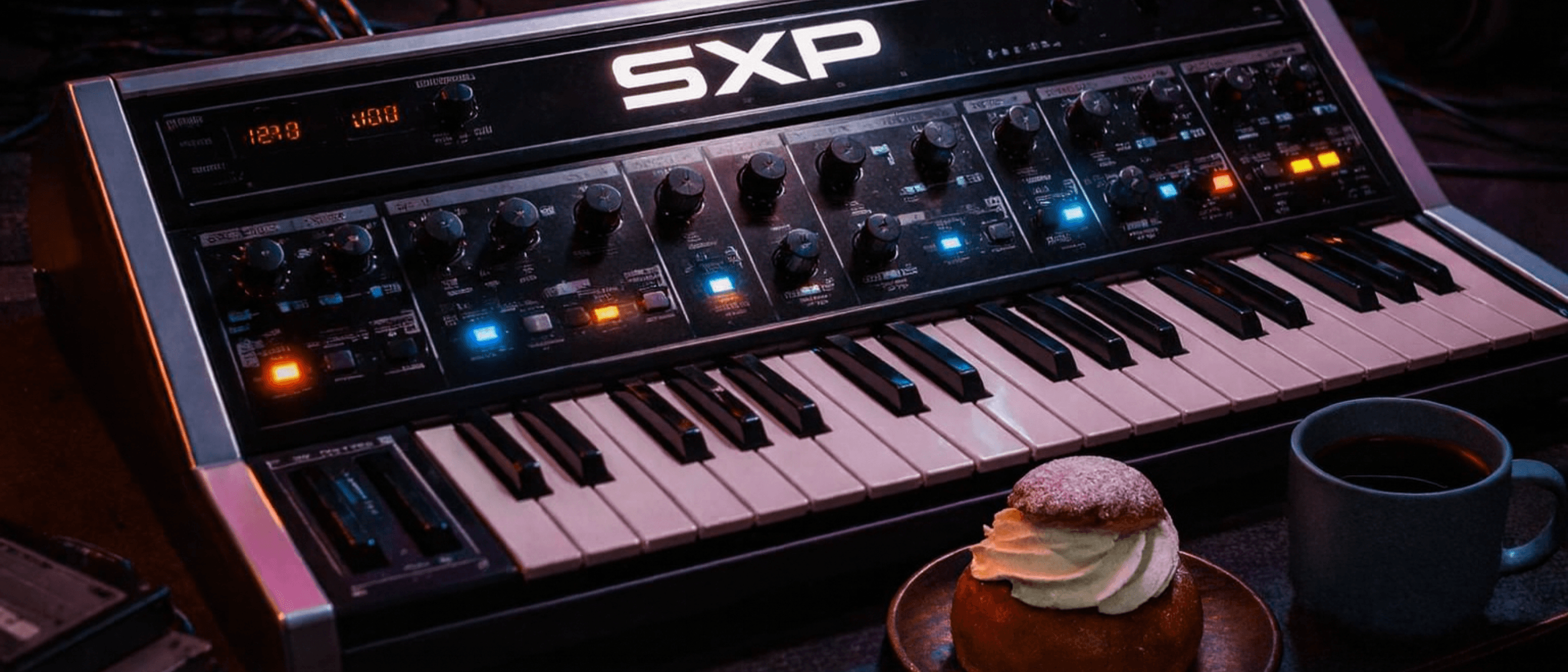 Synthesizer with Standard X Project logo on it, swedish semla and coffee standing infront of it